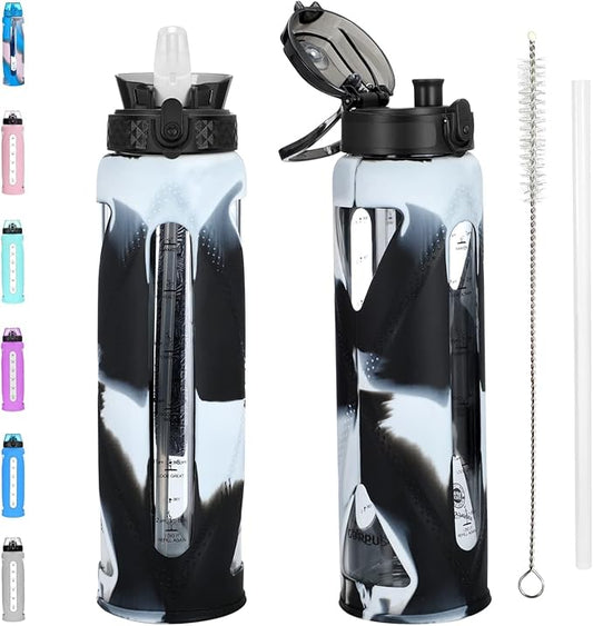GOPPUS Glass Water Bottles with Straw and Flip Lid, Motivational Water Bottles with Time Marker Reminder and Silicone Sleeve, Leakproof, BPA Free (32 oz, Black and White)