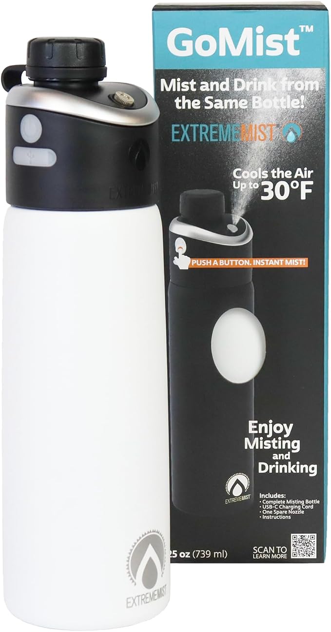ExtremeMIST - GoMist Misting & Drinking Bottle - Personal Mister - Cooling Water Bottle with Easy-Drink Spout - Stainless-Steel Double Wall Insulation - Portable Mist Bottle - Polar White, 25 oz/750ml