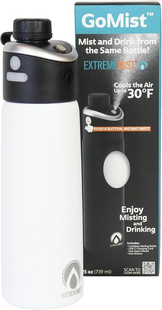 ExtremeMIST - GoMist Misting & Drinking Bottle - Personal Mister - Cooling Water Bottle with Easy-Drink Spout - Stainless-Steel Double Wall Insulation - Portable Mist Bottle - Polar White, 25 oz/750ml