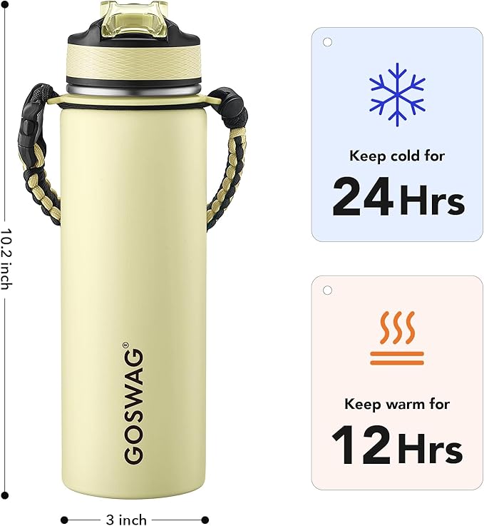 GOSWAG Insulated Sports Water Bottle, 24oz 2 Lids(with Straw/No Straw), Stainless Steel Water Bottles with Paracord Handle, Insulated Thermos with Double-Wall Vacuum Insulation