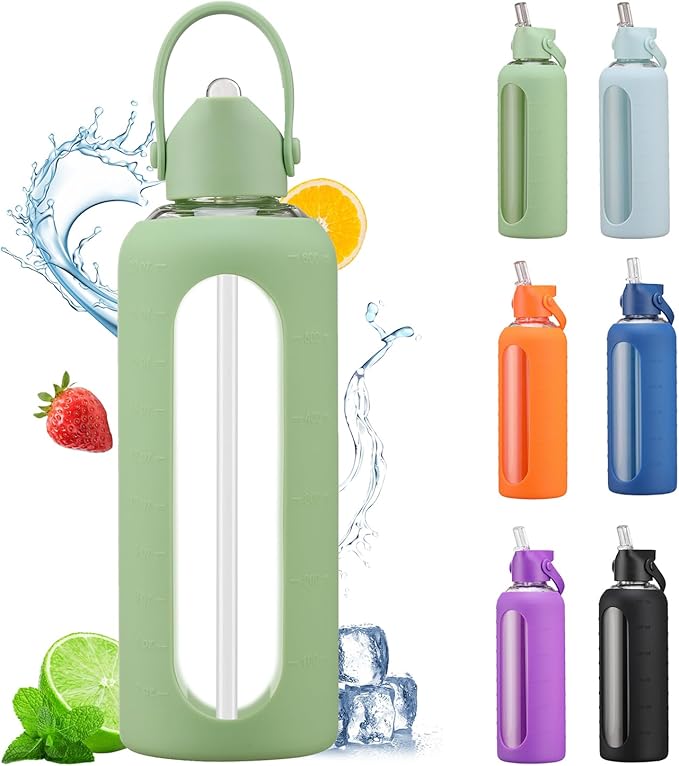 20 oz Glass Water Bottles with Straw Borosilicate Glass Water Bottle with Time Marker Motivational Water Bottles with Silicone Sleeve Leak Proof Reusable BPA Free