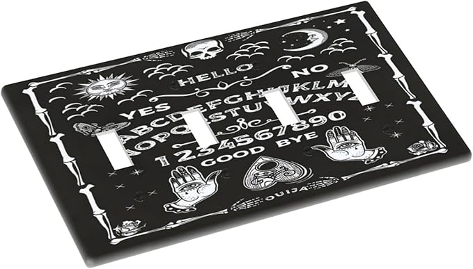 Black Witchy Skeleton Skull Gothic Sun Moon Quad Toggle Novelty Light Switch Covers Decorative Unique 4 Gang Wall Plate Electrical Faceplate Switchplate for Bedroom Bathroom Decor