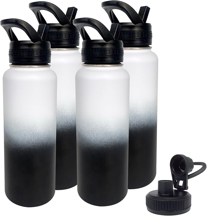 4pack 40 oz Insulated Water Bottle With Straw, Stainless Steel Sports Water Cup Flask with 2 Lids, Wide Mouth Travel Thermal Mug,Black white