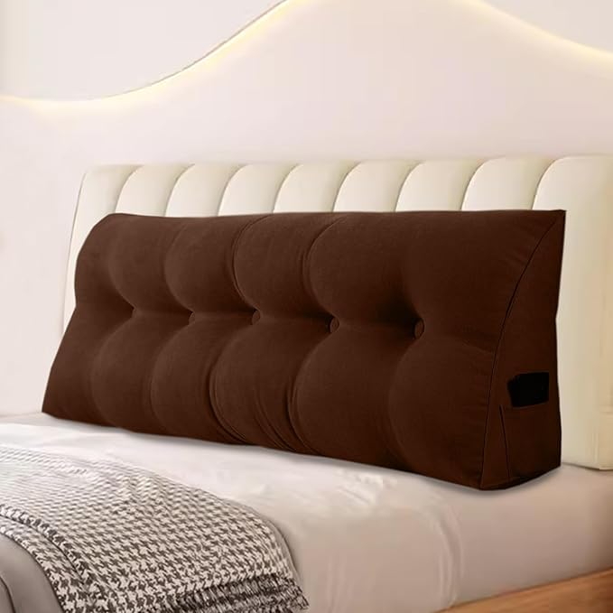 Large Triangular Headboard Pillows Long Backrest Positioning Support Bolster Cushion for Daybed Fluffy Quality Plush Body Wedge Pillow with Removable Cover(Dark Brown-Twin/Twin XL-39x8x20 in)