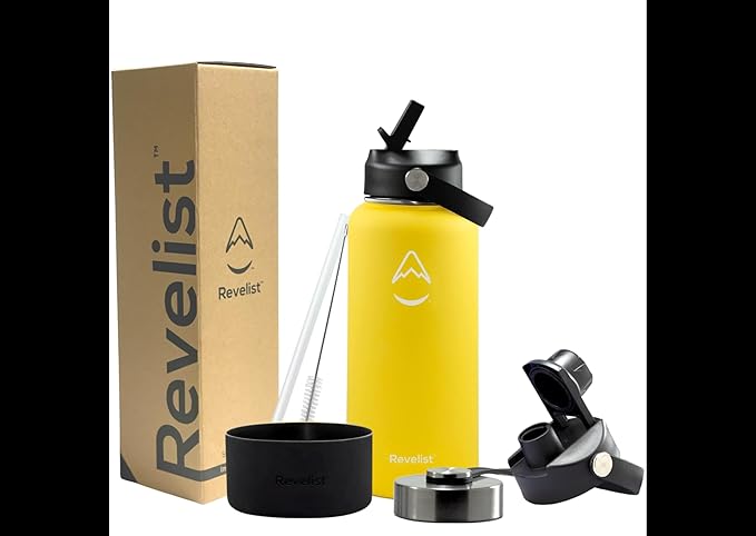 Revelist Sports Water Bottle - 32 Oz, 3 Lids (Straw Lid, Spout & Screw Top) with Boot, Vacuum Insulated Stainless Steel, Double Walled, Reusable Water Flask, Metal Canteen - Yellow & Black