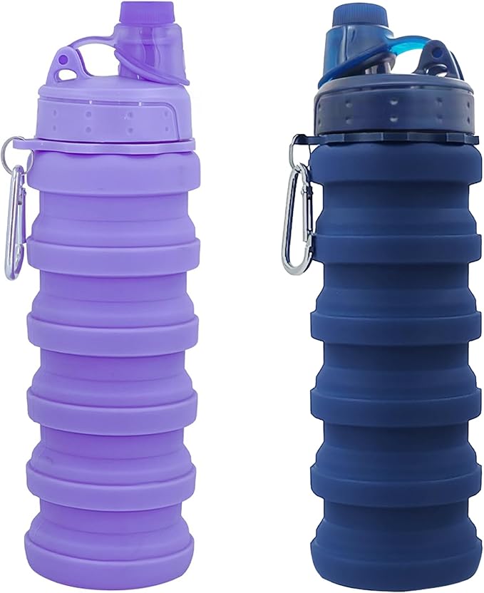 Collapsible Water Bottles Two Pack Travel Sports Portable Sport Water Bottle comes with mountaineering Buckle 500ml silicone Water-proof camping water bottle (Dark blue and Purple Color)