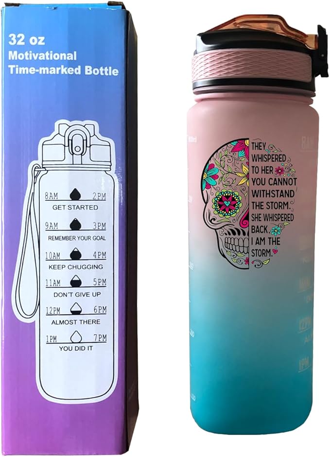 I Am The Storm Sugar Skull 32 OZ Drinking Water Bottle with Times to Drink and Straw, Motivational with Carrying Strap, Leakproof BPA & Toxic Free, Ensure You Drink Enough Water for Outdoor