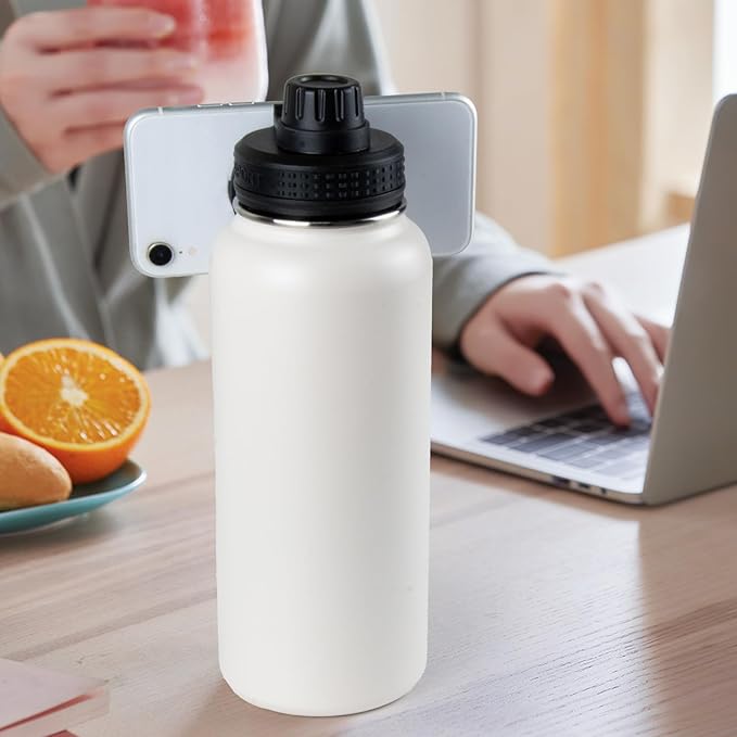 Magnetic Water Bottle with Phone Holder, 32oz Insulated Water Bottle Stainless Steel Travel Water Bottle for Gym, Hot 12H, Cold 24H (Black) (White)