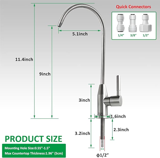 Drinking Water Faucet 100% Lead-Free Kitchen Water Filter Faucet Brushed Finish Cold Water Bar Sink Faucet for Water Purifier Filter Filtration System, 1/4-inch Tube, Stainless Steel