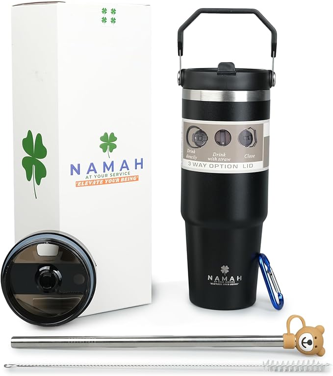 Tumbler with Handle & Extra Cloud LID – 30oz/900ml, Premium 304 Stainless Steel, Insulated Water Bottle, Leak-Proof, Steel Straw, Teddy Straw Cap, Cleaning Brush & Carabiner Hook (Charcoal Black)