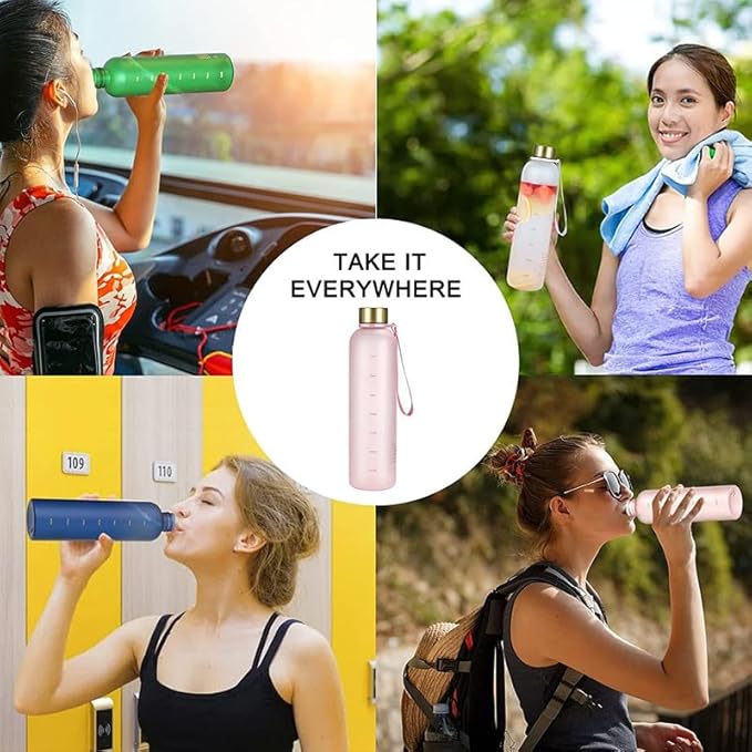 Fitness Sport Water Bottle with Carrying Strap 1000 ml / 32 oz With Time Marker Cute Motivational Water Bottles for Travel, Sports, Home, School,Gym,Yoga,Office-Multicolor (White)