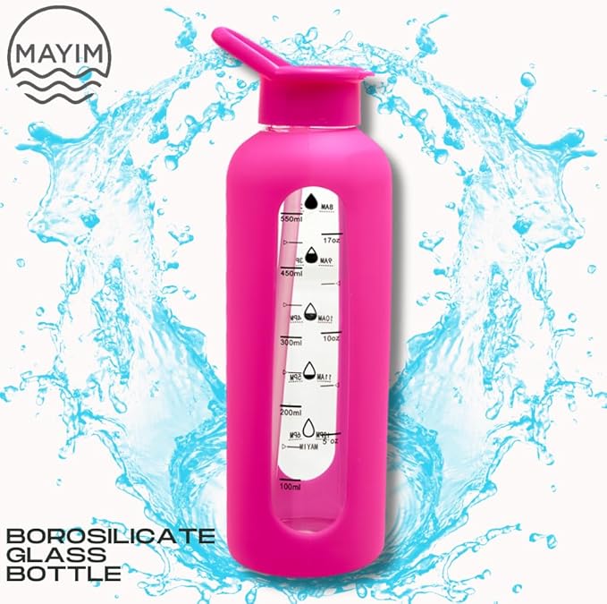 Mayim 24 Oz Glass Tumbler with Straw and Handle, Reusable Motivational Glass Water Bottle with Silicone Sleeve and Time Marker, Leak Proof Borosilicate Water Bottle -Hot Pink