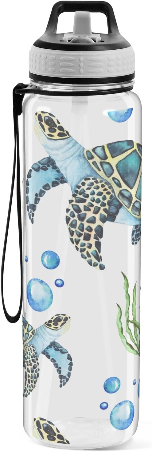 senya Watercolor Sea Turtles Sport Water Bottle with Straw Tritan Clear Bottle for Outdoor Gym Travel