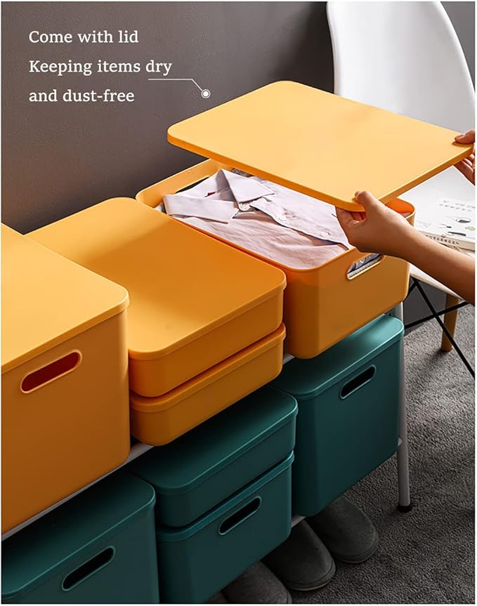 Plastic Storage Bins with Lid, Stackable Storage Containers for Organizing, Storage Baskets for Shelves Kitchen Bathroom Playroom Classroom Office (Medium (Yellow+Orange))