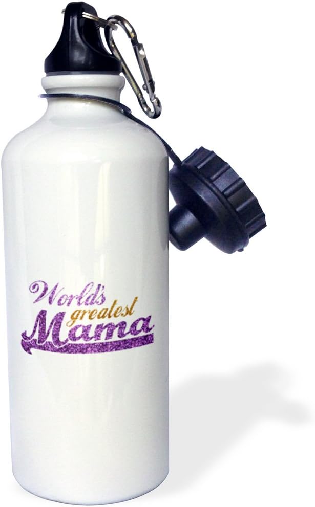 3dRose "Worlds Greatest Mama-purple and gold text-Gifts for best moms-good for Mothers day-Ma" Sports Water Bottle, 21 oz, White