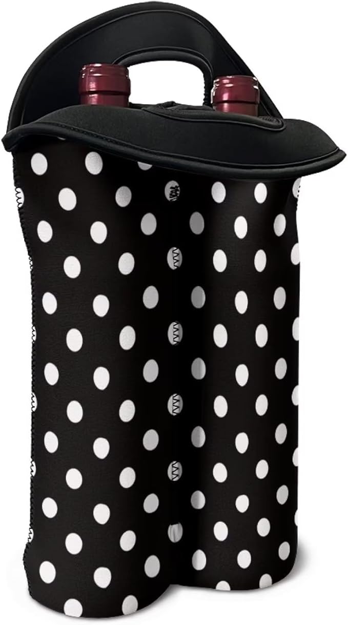 doginthehole Polka Dot Design Wine Carrier Tote 2 Bottle Wine Carrying Bag Neoprene Wine Bottle Holder Insulated Bag Water Bottle/Beer/Drinks Protective Sleeve Champagne Bottle Organizer Bags
