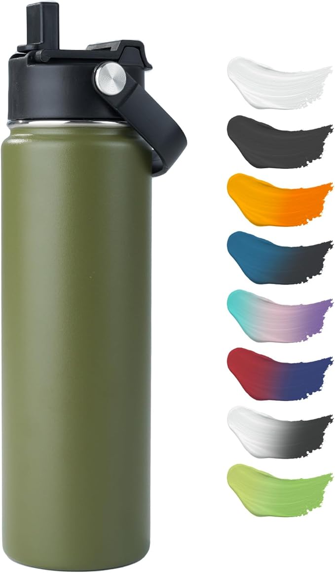Kerilyn Stainless Steel Insulated Water Bottle, 24oz Double Wall Vacuum Insulated Water Bottle Leak Proof with Silicone Straw, Wide Mouth Lid, BPA Free, Keep Cold and Hot, 24oz, Army Green