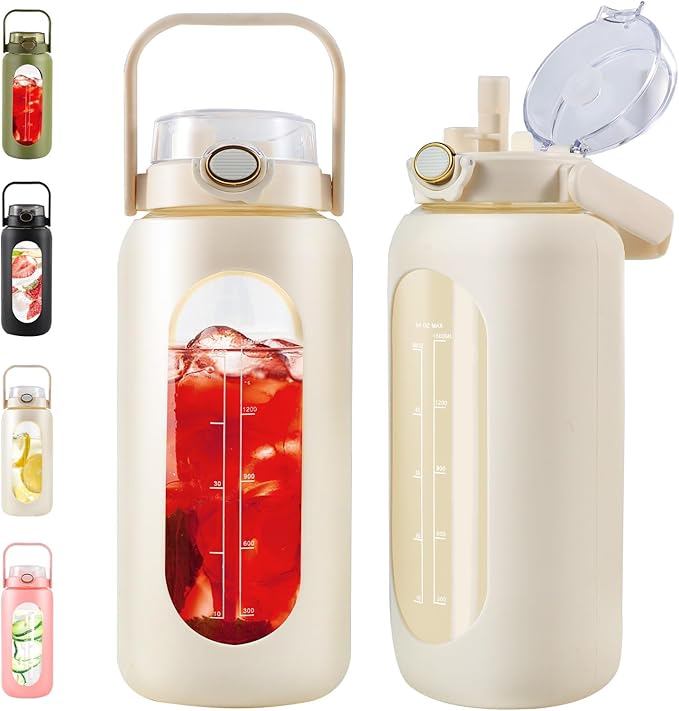 64oz Glass Water Bottle with Straw and Handle - Half Gallon Motivational Water Jug with Time Marker and Silicone Sleeve, Leak proof Wide Mouth Water Flask for Gym, Sports, and Daily Use (White)