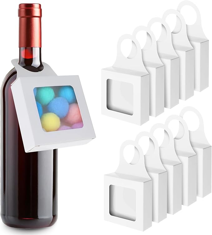 Gjinxi Kraft Paper Wine Bottle Box 10 Pcs Hanging Foldable Gift Boxes with Window Hanging Wine Accessory Sets Folding White Bags Hanger Favor Box for Kitchen Dining Engagement Decoration