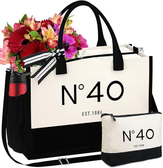 40th Birthday Gift Canvas Tote Bag for Women,N°40 EST.1984 Keepsake Beach Bag 40 Party Birthday Present for Her