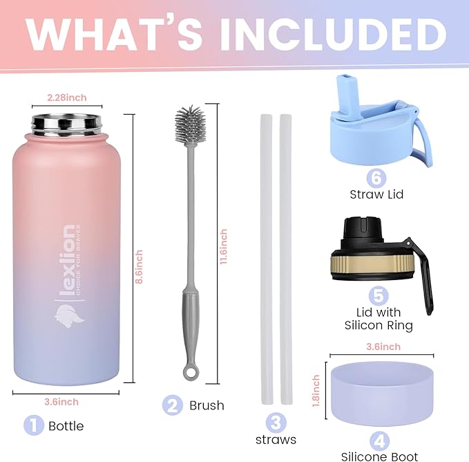 Water Bottle 32oz, Triple Walled Insulated Stainless Steel Reusable Bottle, Silicone Sleeve, Cleaning Brush, 2 Lids (Spout lid & Straw lid w/2 straw), Metal Mug Gallon, BPA Free, Pinky