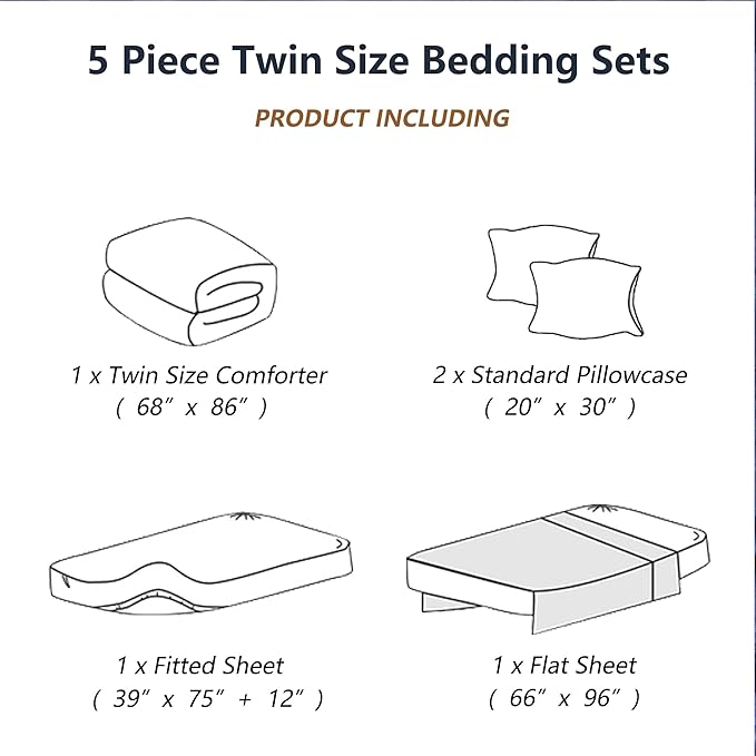 Twin Comforter Set with Sheets, 5 Pieces Super Soft Twin Bed in a Bag, All Season Solid Color Kids Bedding Set Neutral for Boys & Girls, Blue Striped