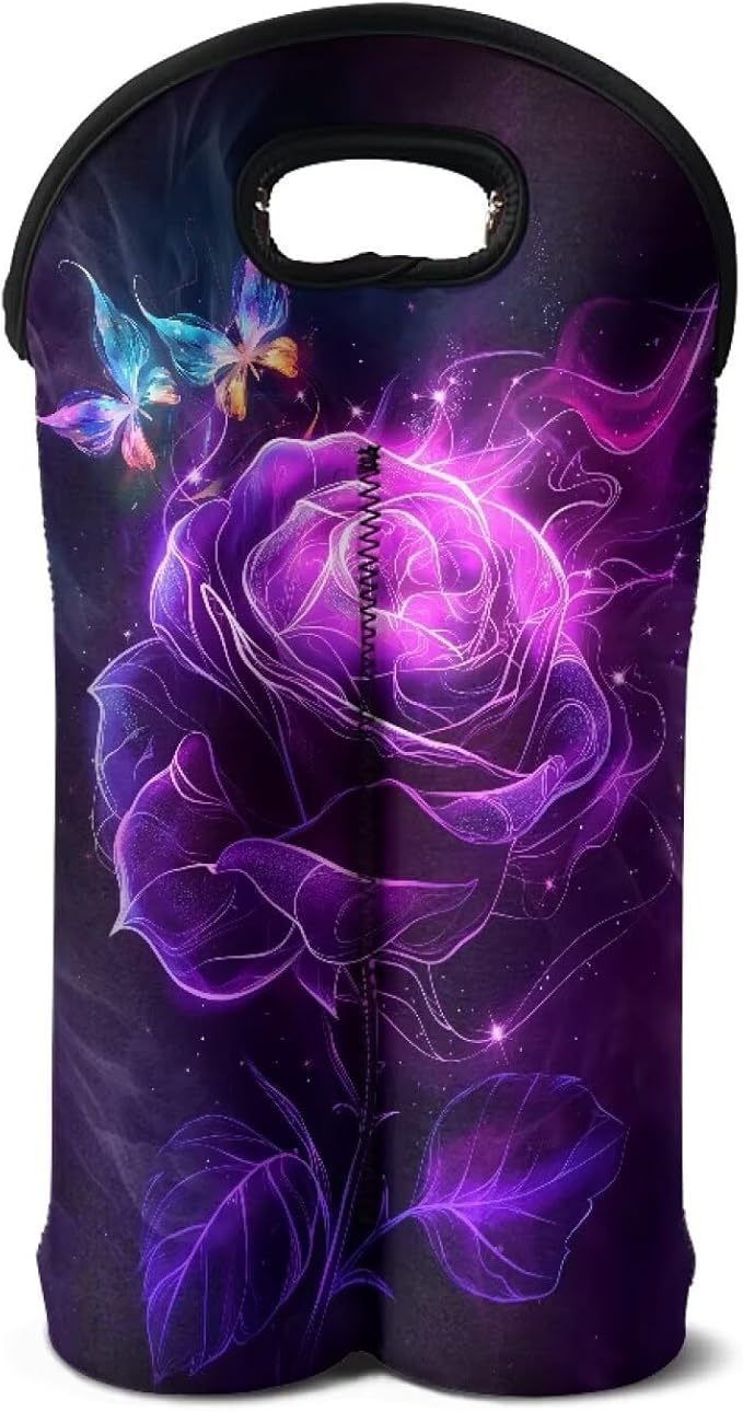 doginthehole Wine Carrier Tote Bag Two Bottle Aesthetic Purple Rose Butterfly Print Neoprene Wine/Water Bottle Holder for Travel with Carry Handle Champagne Bottles Protective Case for Wine Lovers