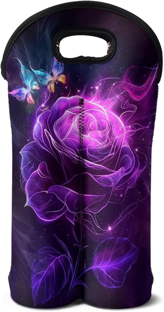 doginthehole Wine Carrier Tote Bag Two Bottle Aesthetic Purple Rose Butterfly Print Neoprene Wine/Water Bottle Holder for Travel with Carry Handle Champagne Bottles Protective Case for Wine Lovers