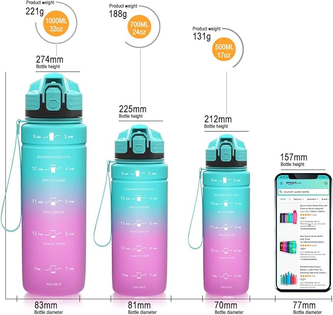 ZOUNICH Tritan BPA Free Water Bottle with Time Marker - 32oz/24oz/17oz Leakproof Motivational Sports Water Bottles to Ensure You Drink Enough Water Throughout The Day for Fitness and Outdoor Activity