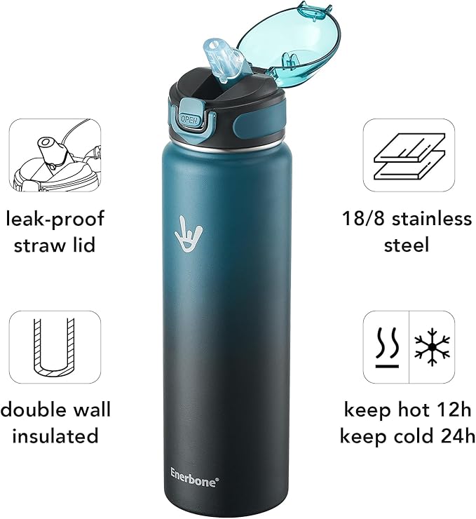 Enerbone Insulated Water Bottle, 32 oz Stainless Steel Water Bottles with Carrying Strap, Double-Wall Vacuum Insulation Thermos, Leakproof Sports Bottle with Straw, Keep Drinks Hot or Cold for Hours