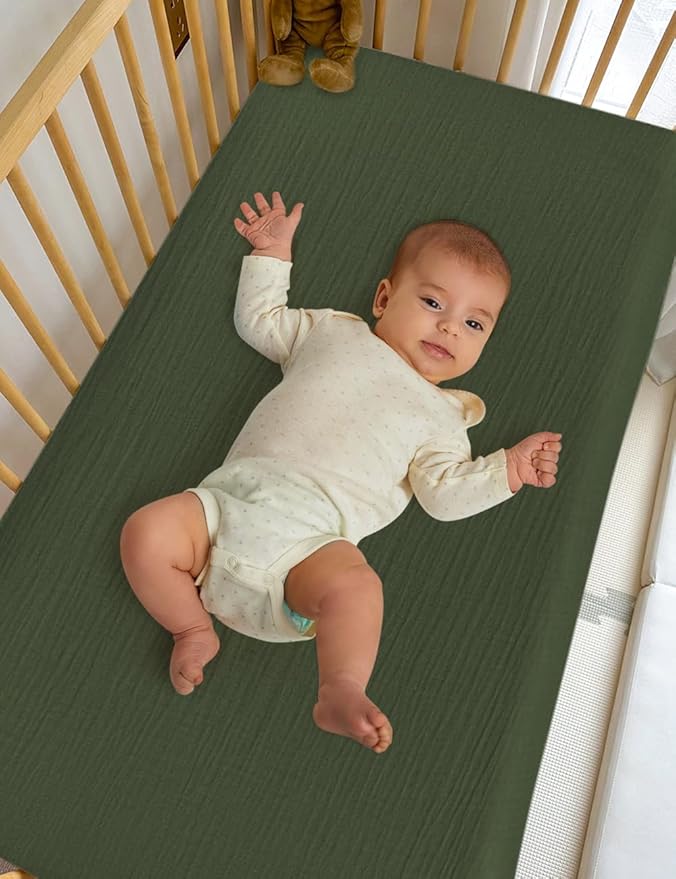 Olive Green Baby Crib Sheets, Soft Muslin Baby Crib Sheets for Standard Crib Mattress, 28" x 52" Neutral Cotton Toddler Bed Sheet (46C-10)