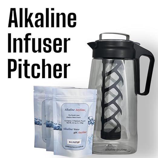 Alkaline Water Filter Pitcher with Infuser, Tritan Pitcher with Lid 2L | 9.5 pH Alkaline Filters | Tea Pitcher | Tritan BPA Free Ice Coffee Maker | Infuser Pitcher (3 Pack Box (30g Filters))