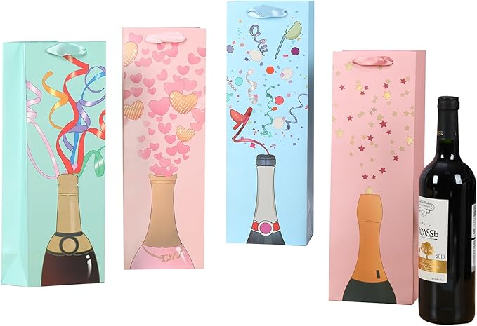 SHIPKEY 12 Pack of Wine Gift Bags, 4-Colored Bags Bulk for Wine Bottles, 13.7in Wine Bottle Bags for Thanksgiving, Halloween, Easter Day, Graduations, Weddings, Christmas, and Mother's Day
