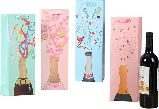 SHIPKEY 12 Pack of Wine Gift Bags, 4-Colored Bags Bulk for Wine Bottles, 13.7in Wine Bottle Bags for Thanksgiving, Halloween, Easter Day, Graduations, Weddings, Christmas, and Mother's Day