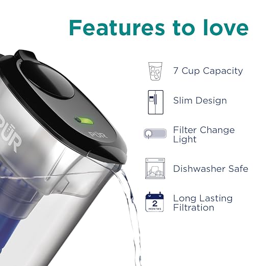 PUR 7-Cup Water Filter Pitcher with 1 Genuine PUR Filter, 3-in-1 Powerful Filtration, BPA Free, Dishwasher Safe, Smoke, PPT710BA