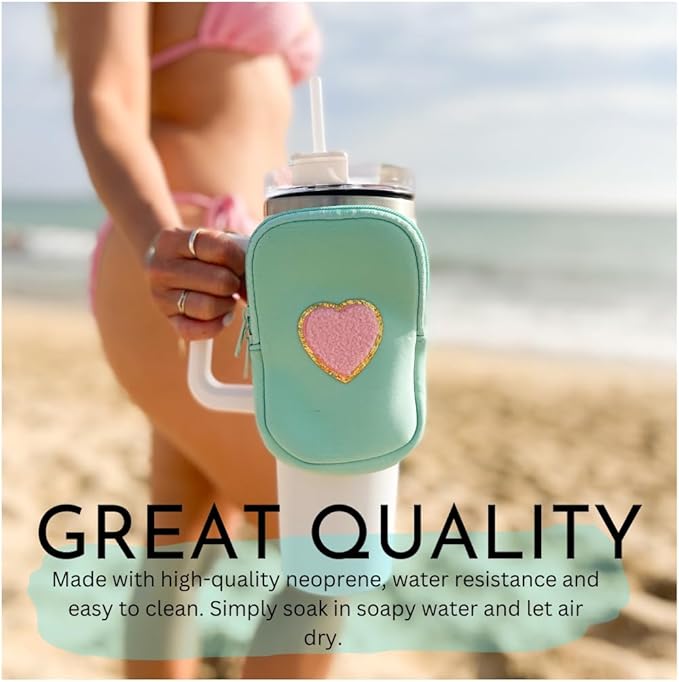 Water Bottle Pouch For Tumblers, Gym Accessories, Unisex | Compatible w/ 20-48oz Tumblers Including Stanley Quencher | Holds Phone, Wallet, Keys, Cards, & More (Neon Orange/Smile Face)