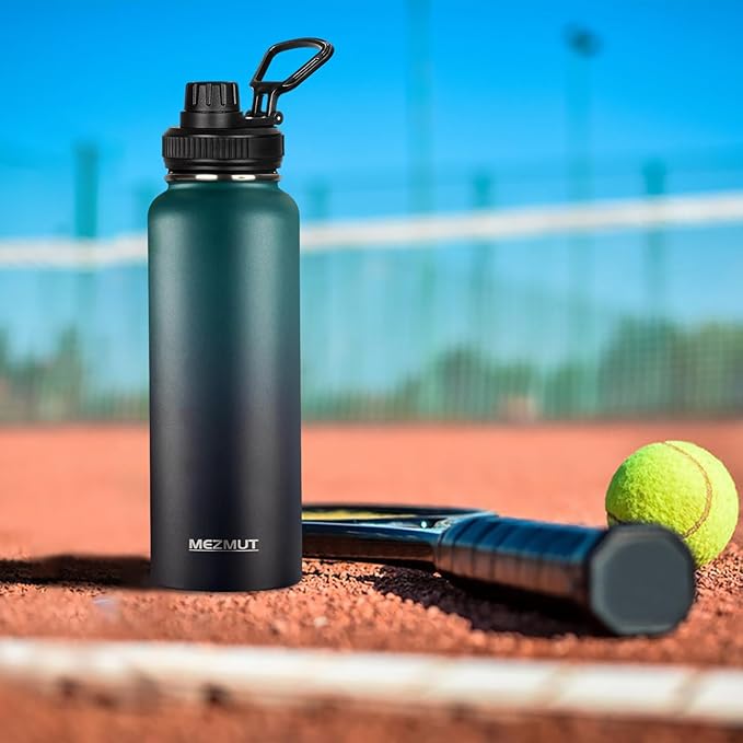 Insulated Water Bottle with Straw&3 Lids 40oz Stainless Steel Water Bottles Metal Water Bottle Double Walled Vacuum Insulated Bottles Thermos Leak-Proof Travel Thermal (Gradient Green Black)