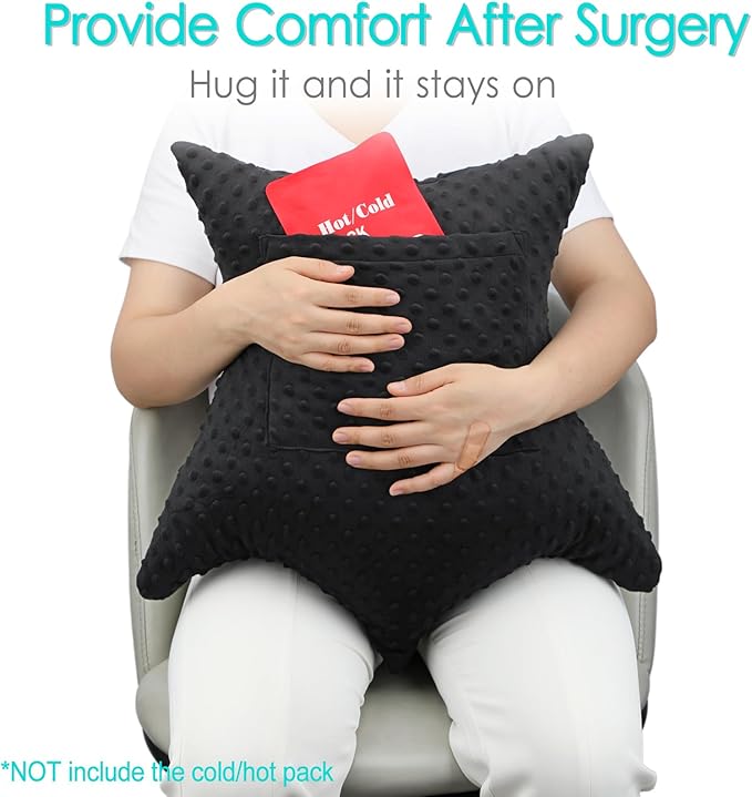 Heart Surgery Pillow Shock Absorbing for Open Heart Surgery After Bypass Coughing with 2 Pockets - Recovery Gifts with Hands Placement Pouch, Minky Dot Black