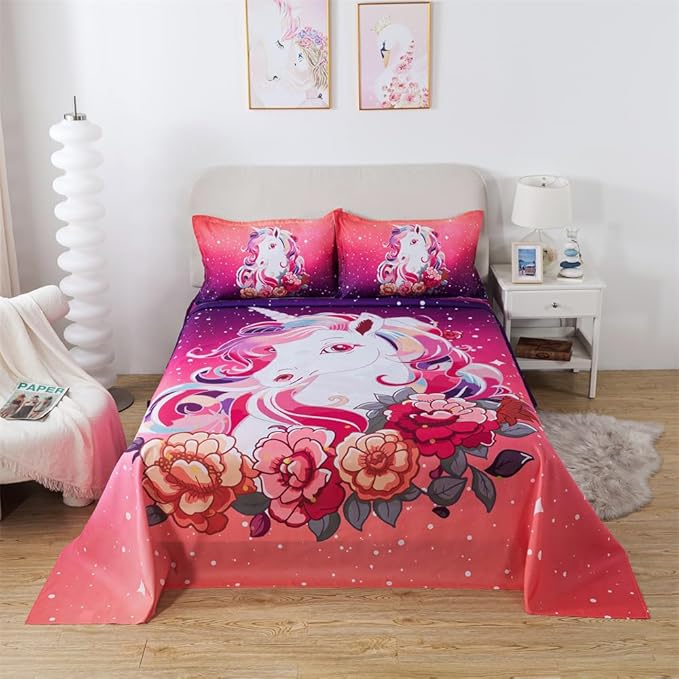 qjmiaofang Unicorn Sheets Queen Pink Unicorn Bedding Set 4Pieces Unicorn Bed Sheet Set with Rainbow and Flowers Bed Set Princess Unicorn Flat Sheet Set with 1 Flat Sheet 1 Fitted Sheet 2 Pillow Shams
