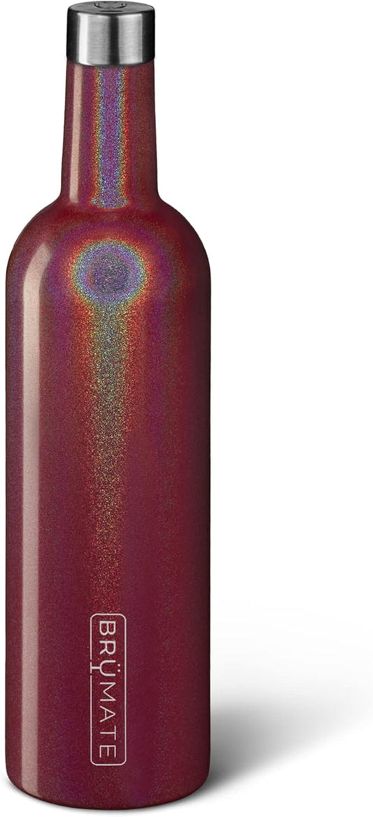 BrüMate Winesulator 25 Oz Triple-Walled Insulated Wine Canteen Made Of Stainless Steel, 24-hour Temperature Retention, Shatterproof, Comes With Matching Silicone Funnel (Glitter Merlot)