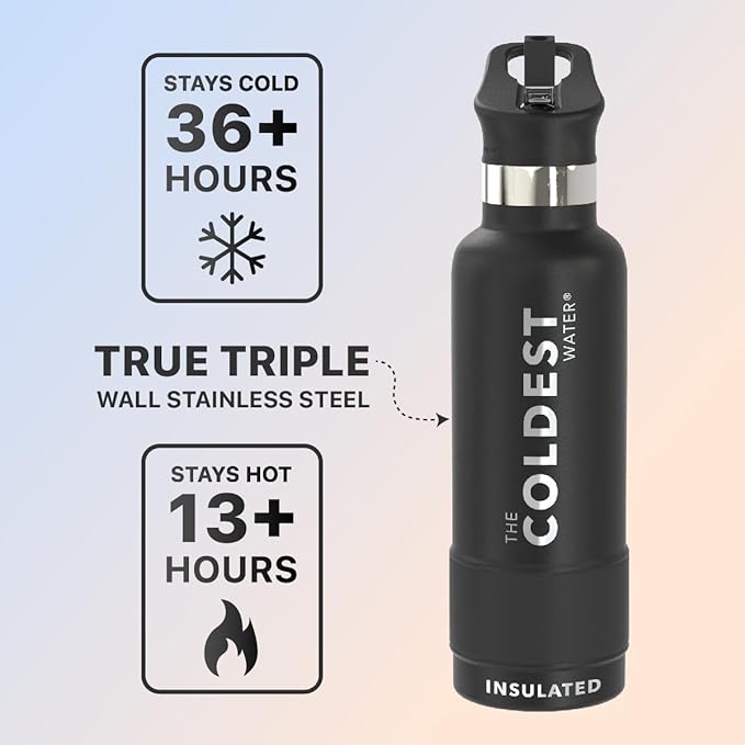 Coldest Water Bottle with Standard Mouth Straw Lid Metal Thermos Vacuum Insulated Stainless Steel l Reusable Leak Proof Cupholder Flask (21 oz, Stealth Black)