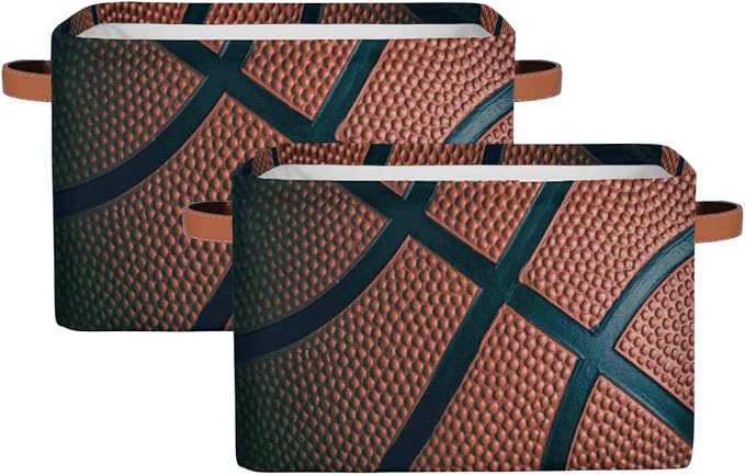 Basketball Storage Basket Collapsible Rectangular Storage Bin Large Fabric Storage Boxes Organizer 1Pc with Leather Handles for Clothes Toys Books Kitchen Laundry