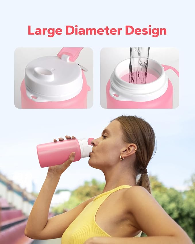 Collapsible Water Bottle, Foldable Water Bottle for Travel & Collapsable Water Bottle with Clip for Backpack, Portable Silicone Water Bottle, Collapse Water Bottle for Travel (20oz, Pink)