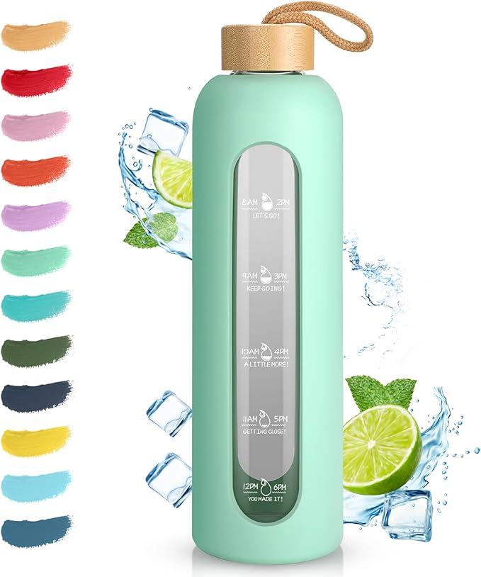 Sursip 32 oz Glass Water Bottle with Time Marker,1 Liter BPA-Free Reusable Motivational Water Bottle with Non-Slip Silicone Sleeve and Bamboo Lid, Ice Cube Tray, Leak-Proof, Dishwasher Safe