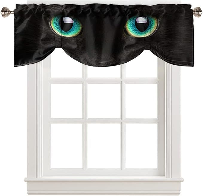 Tie Up Valance for Kitchen Living Room Farmhouse - Black Cat with Teal Eyes Rod Pocket Adjustable Tie-up Shade Valance for Small Window, Window Valance Balloon Drape for Bathroom 54x18 inches