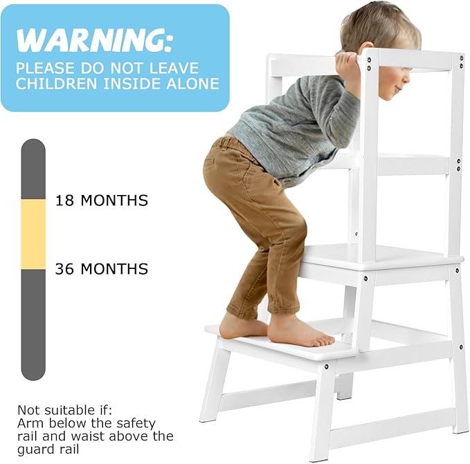 Kids Kitchen Step Stool, Standing Stool with Safety Rail for Toddlers 18 Months and Older, Safety Anti-Slip Protection, Removable Step Stool for Adult Use, White