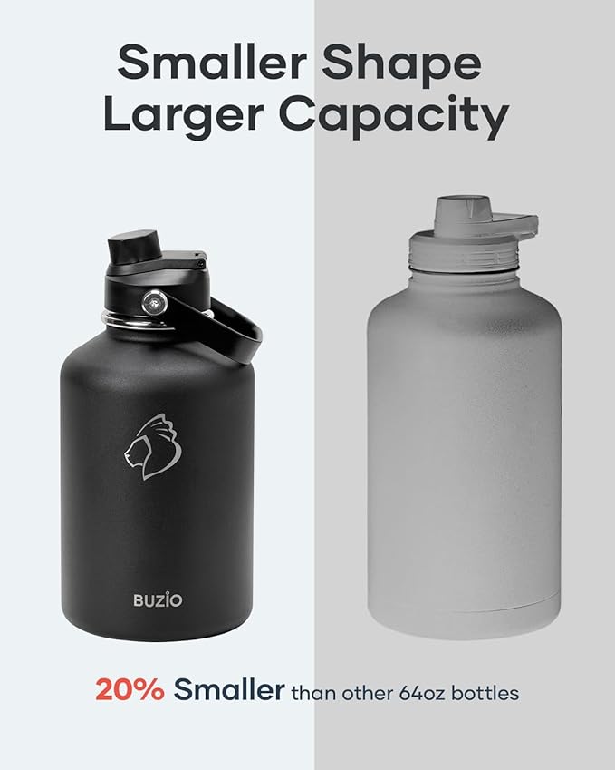 BUZIO 64oz Insulated Water Bottle, Half Gallon Stainless Steel Water Jug with Straw Lid and Carrying Pouch, Keep Cold 48H Double Wall Vacuum Lead-Free Metal Drinking Flask for Gym Beach, Black