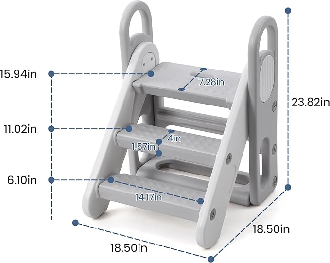 Foldable Toddler Step Stool for Bathroom Sink, Adjustable 3 Steps Ladder for Toddlers with Handles, Folding Nursery Step Stool for Kids Toilet Potty Training, Kitchen Counter Standing Helper, Grey