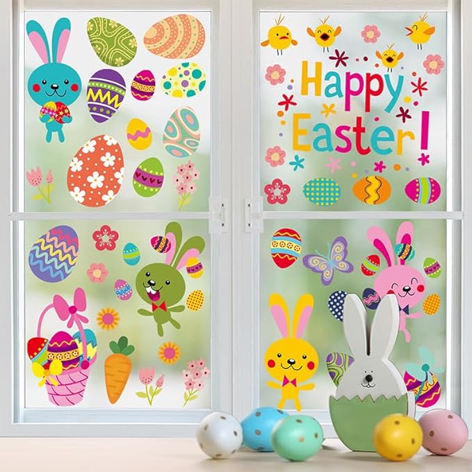 54 Pcs Easter Window Clings Easter Eggs Bunny Window Decorations Stickers for Glass Windows for Easter Window Decorations, 9 Sheets Bunny Decor for Kids Shcool Home (Happy)