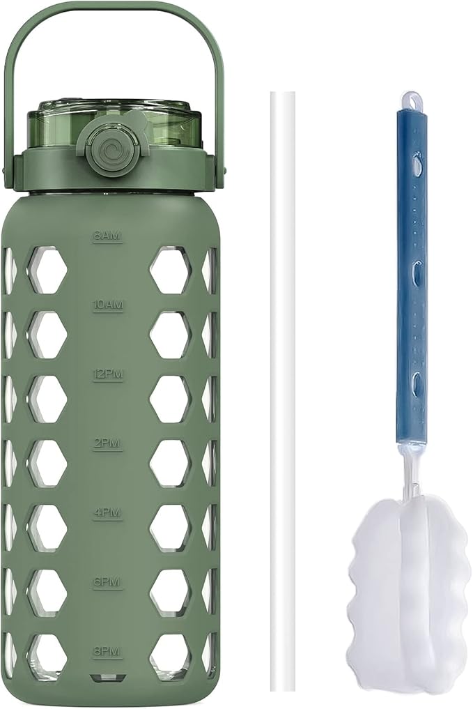 MUKOKO 56oz Glass Water Bottles with Straw and Lid,Motivational Water Jug with Time Marker Reminder and Silicone Sleeve,100% Leakproof BPA Free Fitness Sports Large Bottle-Olive